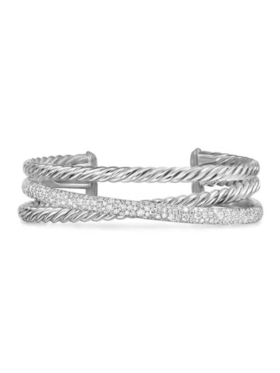 David Yurman Women's Pavé Crossover Three Row Cuff Bracelet In Sterling Silver In Green