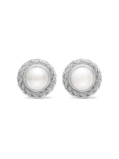 David Yurman Women's Pearl Classics Cable Halo Button Earrings In Sterling Silver With Diamonds, 18.8mm In Metallic