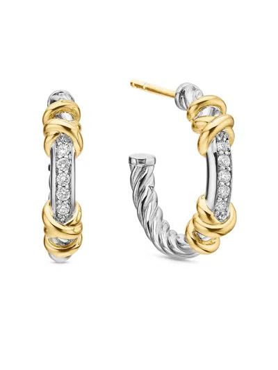 David Yurman 18k Yellow Gold And Sterling Silver Petite Helena Diamond Earrings In 银色