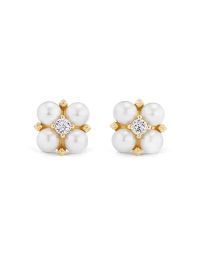 David Yurman Women's Petite Modern Renaissance Pearl Stud Earrings In 18k Yellow Gold With Diamonds, 7.8mm