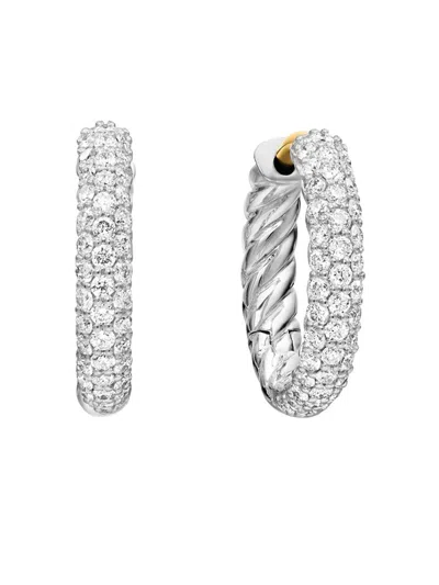 David Yurman Women's Petite Pavé Huggie Hoop Earrings In Sterling Silver With Diamonds, 14mm In White