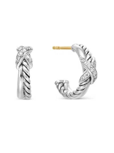 David Yurman Women's Petite X Hoop Earrings In Sterling Silver With Pavé Diamonds, 12.6mm In Metallic