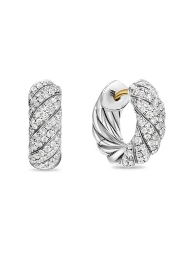 David Yurman Women's Sculpted Cable Hoop Earrings In Sterling Silver With Diamonds, 14.4mm In Metallic