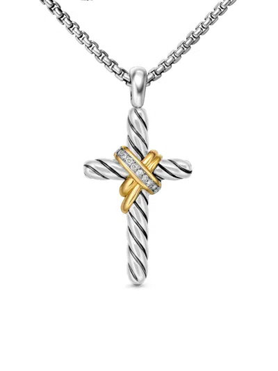 David Yurman Women's X Cross Necklace In Sterling Silver With 14k Yellow Gold And Diamonds, 31.7mm In Red