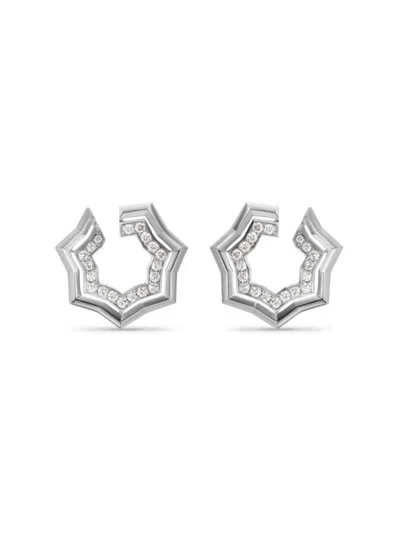 David Yurman Women's Zig Zag Stax Two Row Hoop Earrings In Sterling Silver With Diamonds, 27mm In Metallic