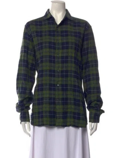 Pre-owned Davide Cenci Plaid Print Long Sleeve Button-up Top In Green