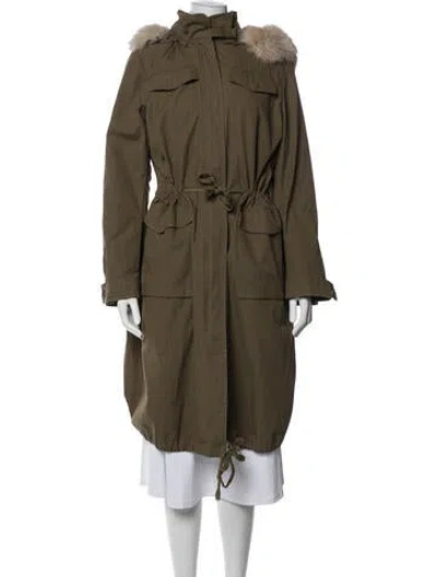 Pre-owned Dawn Levy Fox Fur Trim Coat In Green