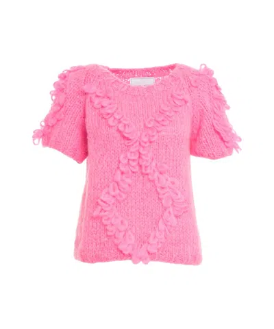 Dawn X Dare Short-sleeve Ruffled Knit Sweater With Diamond Detailing In Pink
