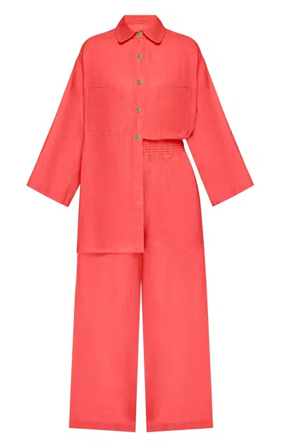 Day In Linen Top &amp; Pants Set In Coral Red