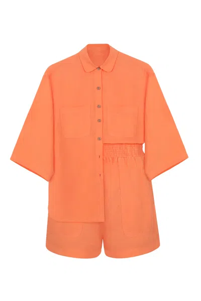 Day In Linen Top &amp; Shorts Set In Coral Orange