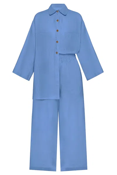 Day In Linen Top And Pants Set Mid Blue
