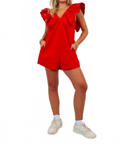 Day + Moon Denim V-neck Sleeveless Romper In Red
