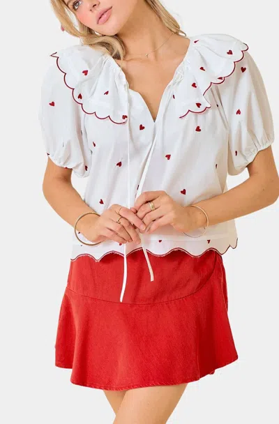 Day + Moon Candy Hearts Embroidered Top In White/red In Multi