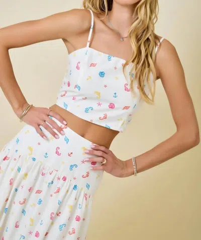Day + Moon Coastal Print Smocked Top In White In Multi