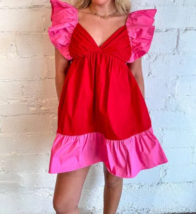 Day + Moon Color Contrast Ruffle Dress In Red/pink In Multi