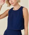 Day + Moon Crepe Sleeveless Top In Navy In Blue