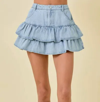 Day + Moon Denim Ruffle Tiered Mini Skort In Blue