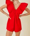 Day + Moon Denim V-neck Sleeveless Romper In Red In Red