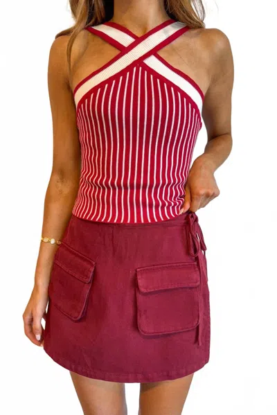 Day + Moon Denim Wrap Skort In Maroon In Red