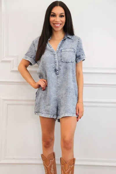 Day + Moon Every Day Casual Washed Denim Romper In Medium Wash In White