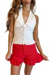 Day + Moon Flared Ruffle Denim Shorts In Red