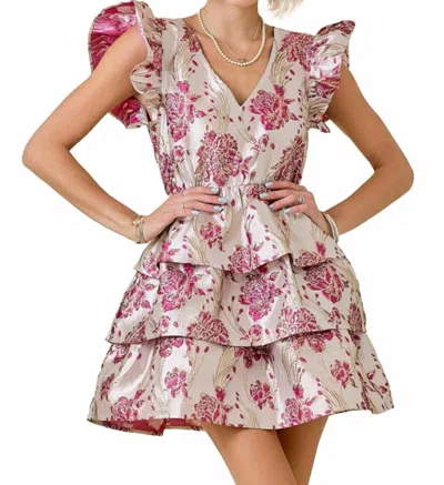 Day + Moon Floral Jacquard Ruffle Dress In Pink