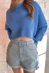 Day + Moon Gingham Detail Denim Short In Light Blue In Blue