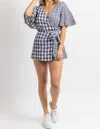 DAY + MOON GINGHAM WRAP ROMPER IN NAVY + NATURAL