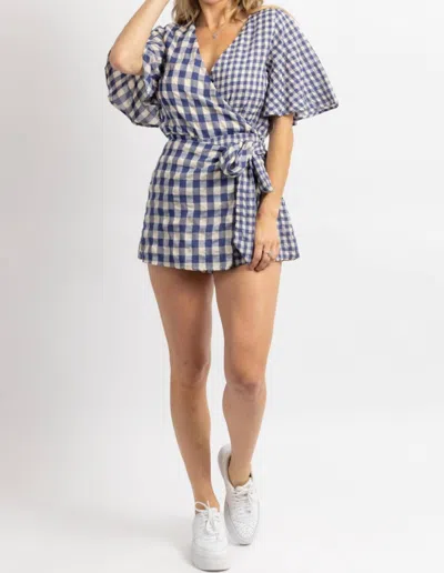 Day + Moon Gingham Wrap Romper In Navy + Natural In Blue