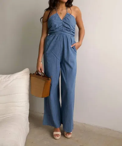 Day + Moon Hallie Halter Jumpsuit In Lightblue In Multi