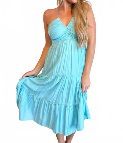 Day + Moon Haltered Ruched Midi Dress In Light Blue