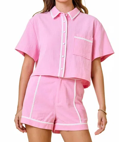 Day + Moon Jennifer Contrast Binding Button Down Top & Shorts Set In Pink