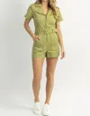 Day + Moon Jimi Belted Denim Romper In Olive In Multi