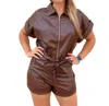 DAY + MOON LEXA FAUX LEATHER ROMPER WITH TIE IN BROWN