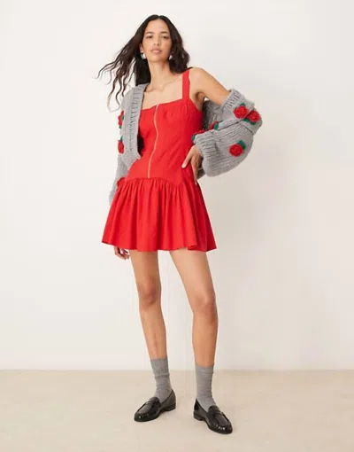 Day + Moon Mini Zip Front Corset Hem Twill Dress In Red