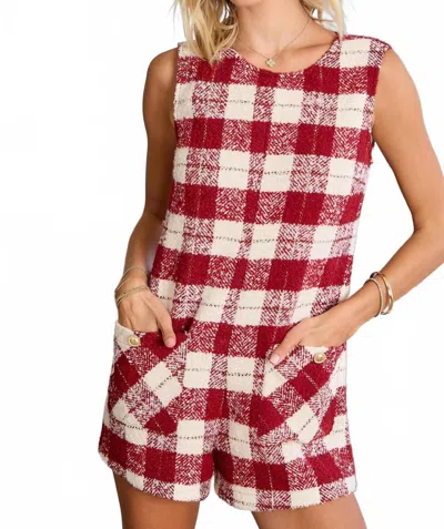 Day + Moon Mulled Wine Tweed Pocket Romper In Burgundy & Ivory In Multi