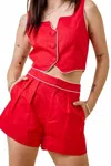 Day + Moon Notched Crop Top And Shorts Set In Red In Red