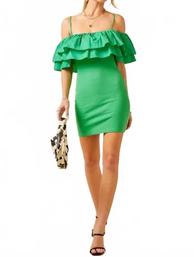 Day + Moon Off Shoulder Ruffled Ribbed Mini Dress In Green