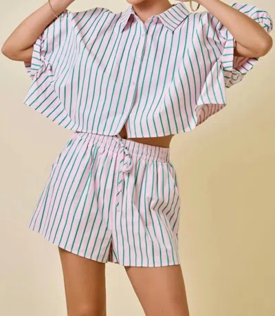 Day + Moon Palm Springs Striped Boxy Cropped Shirt With Shorts Set In Pink And Green Stripe In Multi