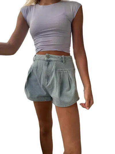 Day + Moon Pleated Flare Denim Shorts In Light Wash In Blue