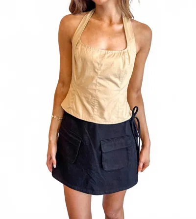 Day + Moon Poplin Halter Top With Contrast In Tan In Brown