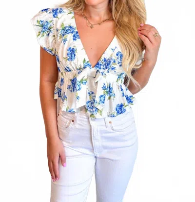 Day + Moon Porcelain Bloom V-neck Top In Ivory/blue In Multi