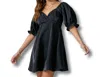 Day + Moon Puff Sleeve Sheen Flared Dress In Black In Black