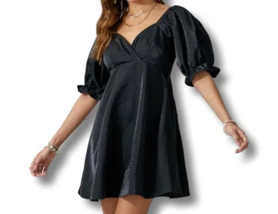 Day + Moon Puff Sleeve Sheen Flared Dress In Black