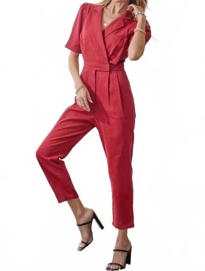 Day + Moon Puff Sleeve Wrap Front Denim Jumpsuit In Crimson In Red