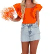 Day + Moon Ribbed Ruffle Square Neck Top In Sunkist In Orange