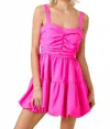 Day + Moon Ruched Crepe Mini Dress In Shocking Pink In Pink