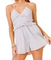 Day + Moon Ruched Front Halter With Ruffles Romper In Pink/lime Multi In White