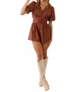 Day + Moon Ruched Puff Sleeve Romper In Brown In Brown