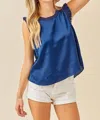 DAY + MOON RUFFLE DETAIL SATIN TOP IN NAVY